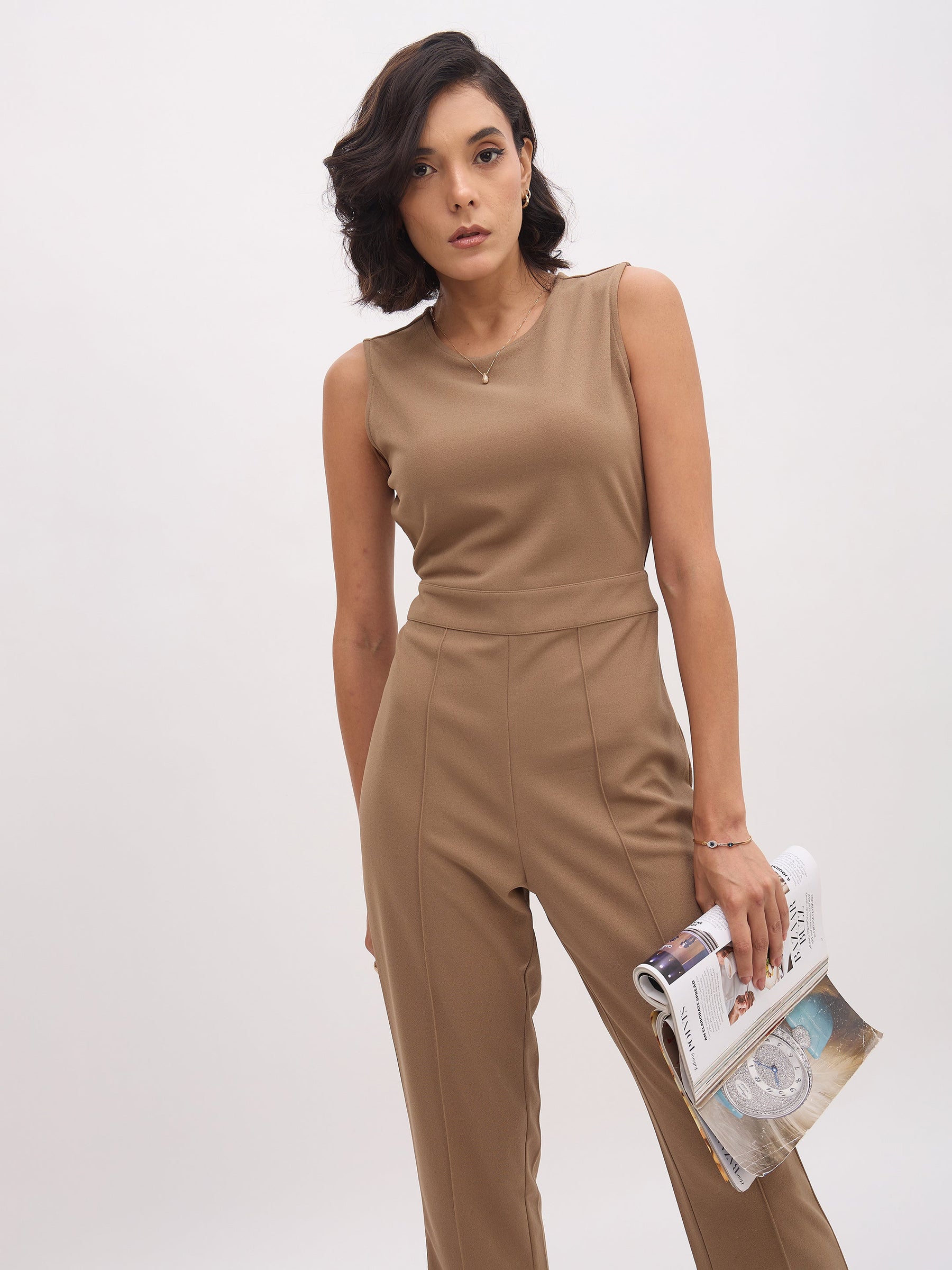 Dark Beige Sleeveless Round Neck Jumpsuit-SASSAFRAS worklyf
