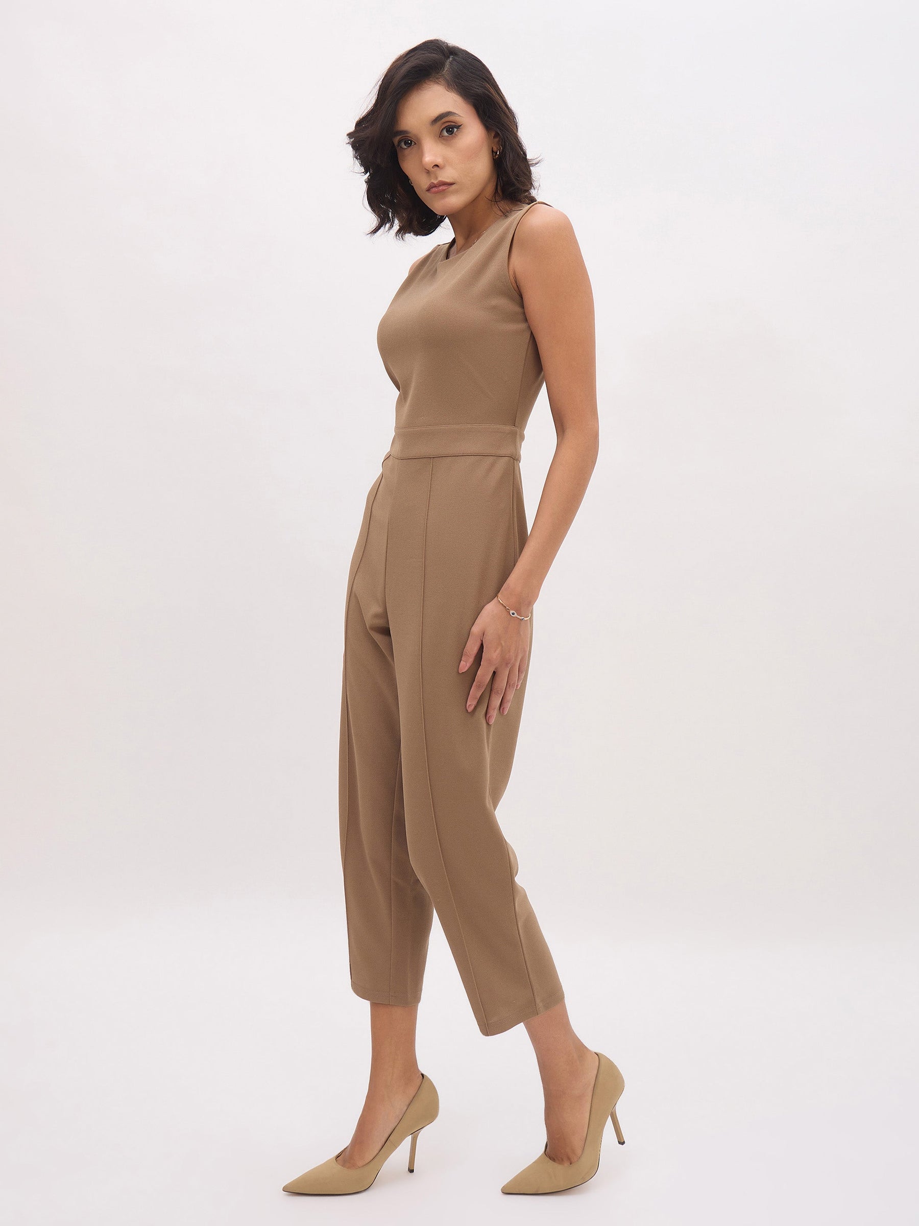 Dark Beige Sleeveless Round Neck Jumpsuit-SASSAFRAS worklyf