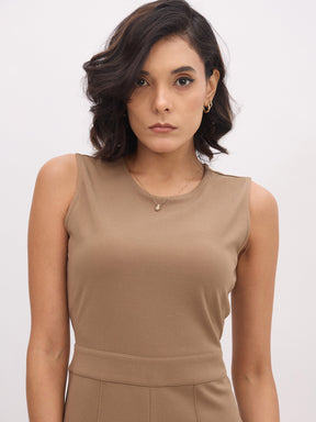 Dark Beige Sleeveless Round Neck Jumpsuit-SASSAFRAS worklyf