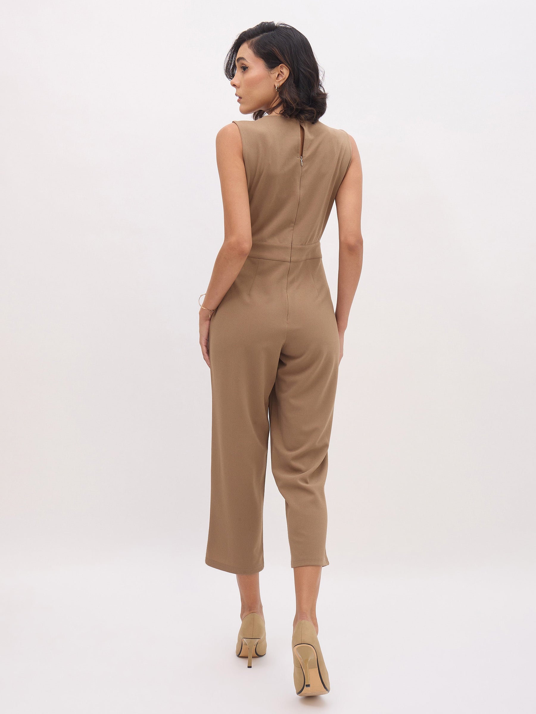 Dark Beige Sleeveless Round Neck Jumpsuit-SASSAFRAS worklyf