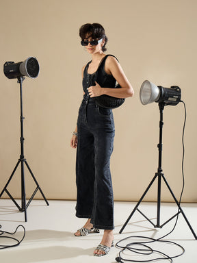 Black Washed Button Down Strappy Jumpsuit-SASSAFRAS