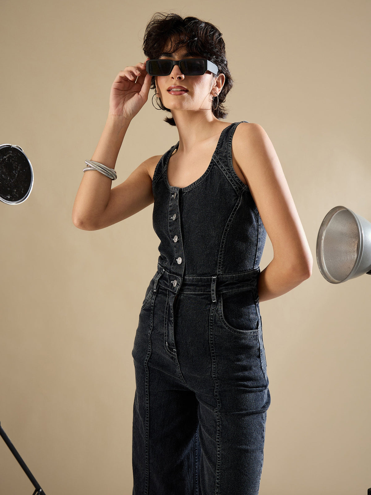 Black Washed Button Down Strappy Jumpsuit-SASSAFRAS