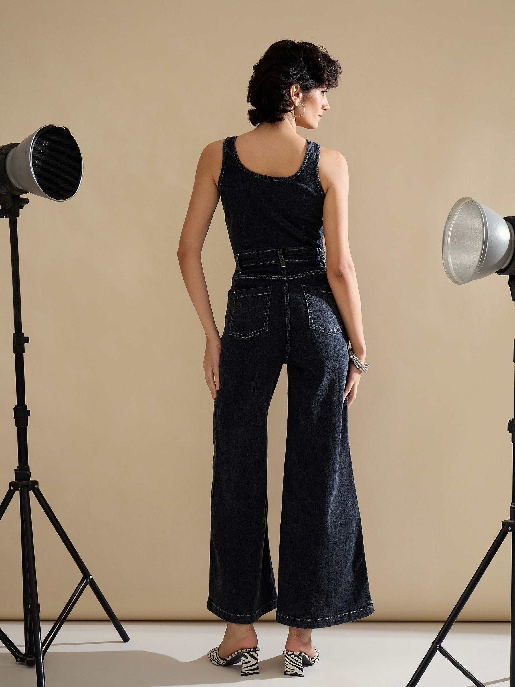 Black Washed Button Down Strappy Jumpsuit-SASSAFRAS