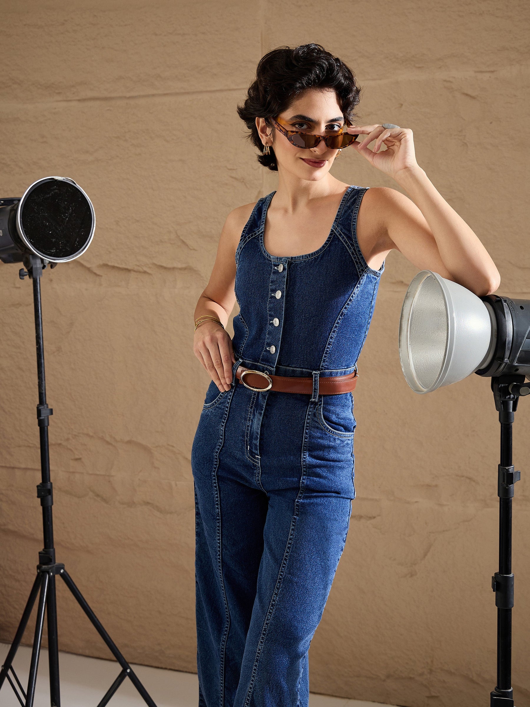 Blue Washed Button Down Strappy Jumpsuit-SASSAFRAS