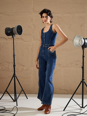 Blue Washed Button Down Strappy Jumpsuit-SASSAFRAS