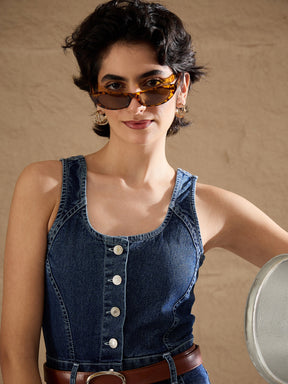 Blue Washed Button Down Strappy Jumpsuit-SASSAFRAS