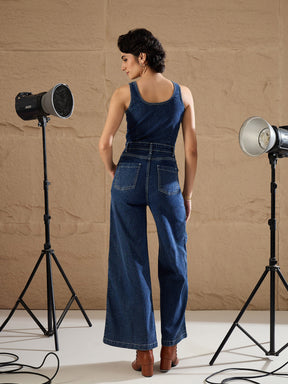 Blue Washed Button Down Strappy Jumpsuit-SASSAFRAS