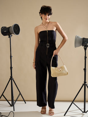 Black Twill Off Shoulder Jumpsuit-SASSAFRAS