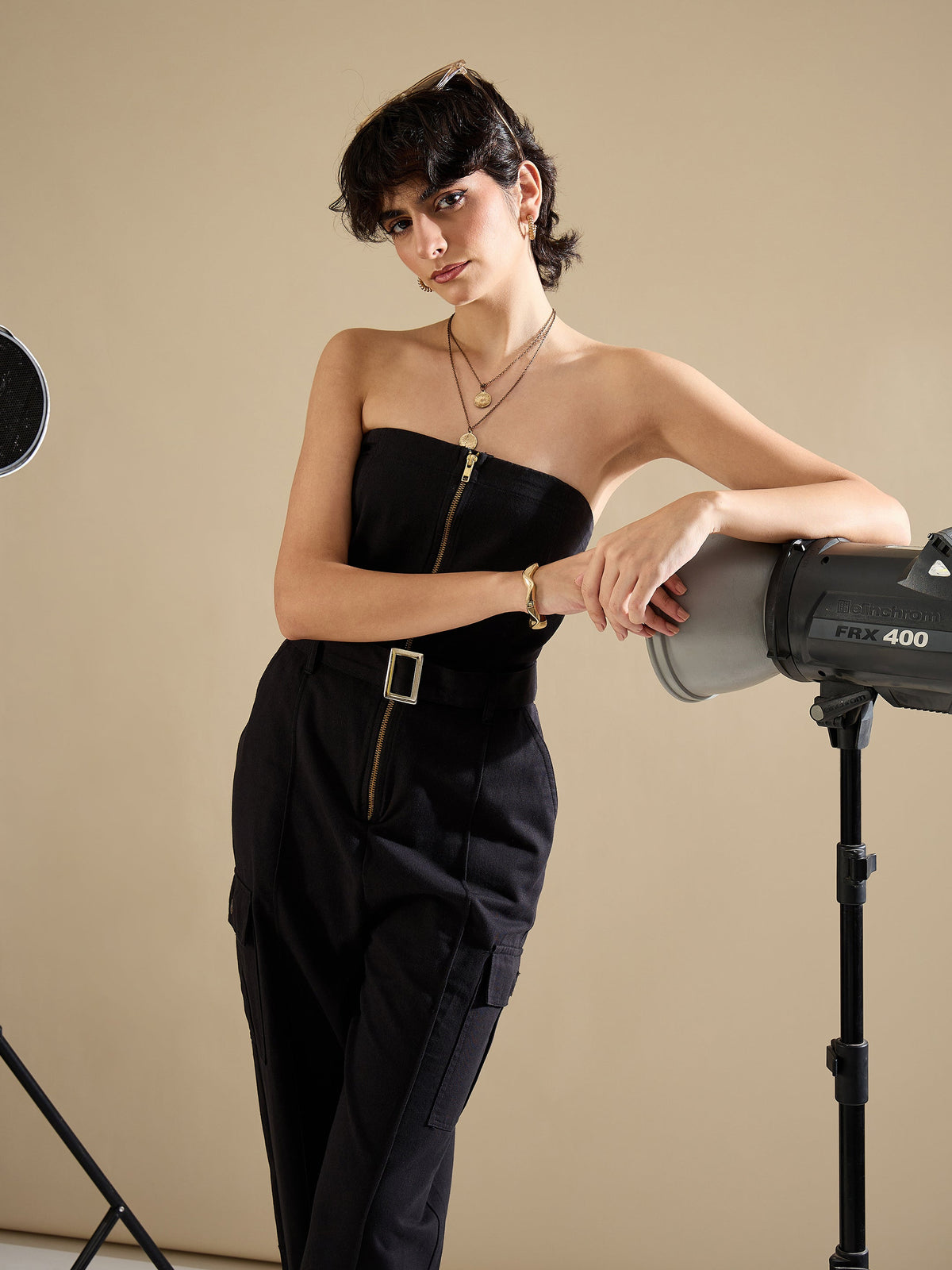 Black Twill Off Shoulder Jumpsuit-SASSAFRAS