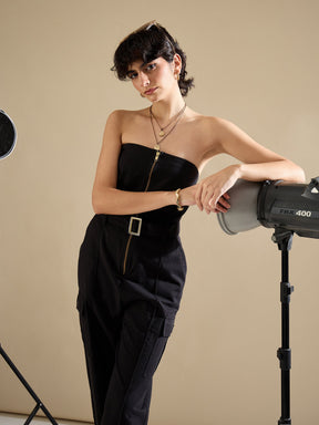 Black Twill Off Shoulder Jumpsuit-SASSAFRAS
