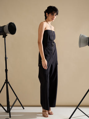Black Twill Off Shoulder Jumpsuit-SASSAFRAS