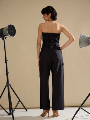 Black Twill Off Shoulder Jumpsuit-SASSAFRAS