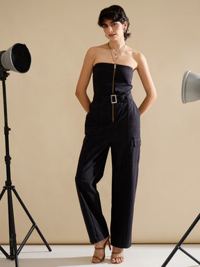 Black Twill Off Shoulder Jumpsuit-SASSAFRAS