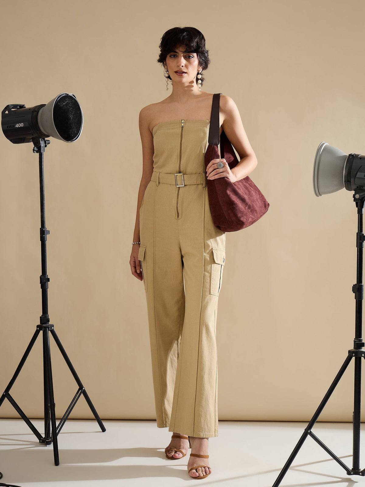 Beige Twill Off Shoulder Jumpsuit-SASSAFRAS
