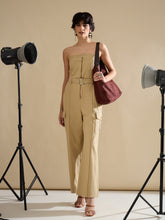 Beige Twill Off Shoulder Jumpsuit-SASSAFRAS