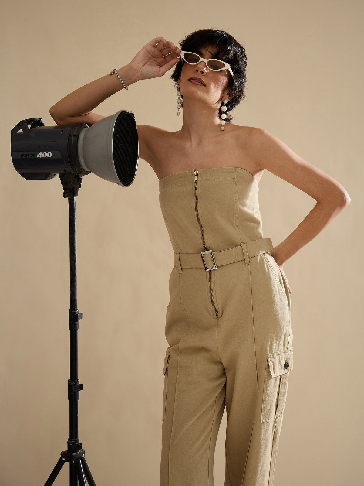 Beige Twill Off Shoulder Jumpsuit-SASSAFRAS