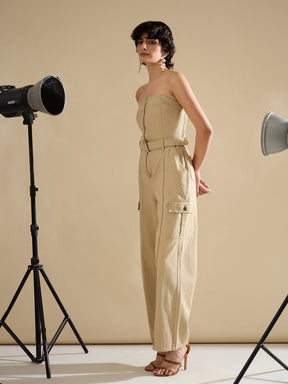 Beige Twill Off Shoulder Jumpsuit-SASSAFRAS