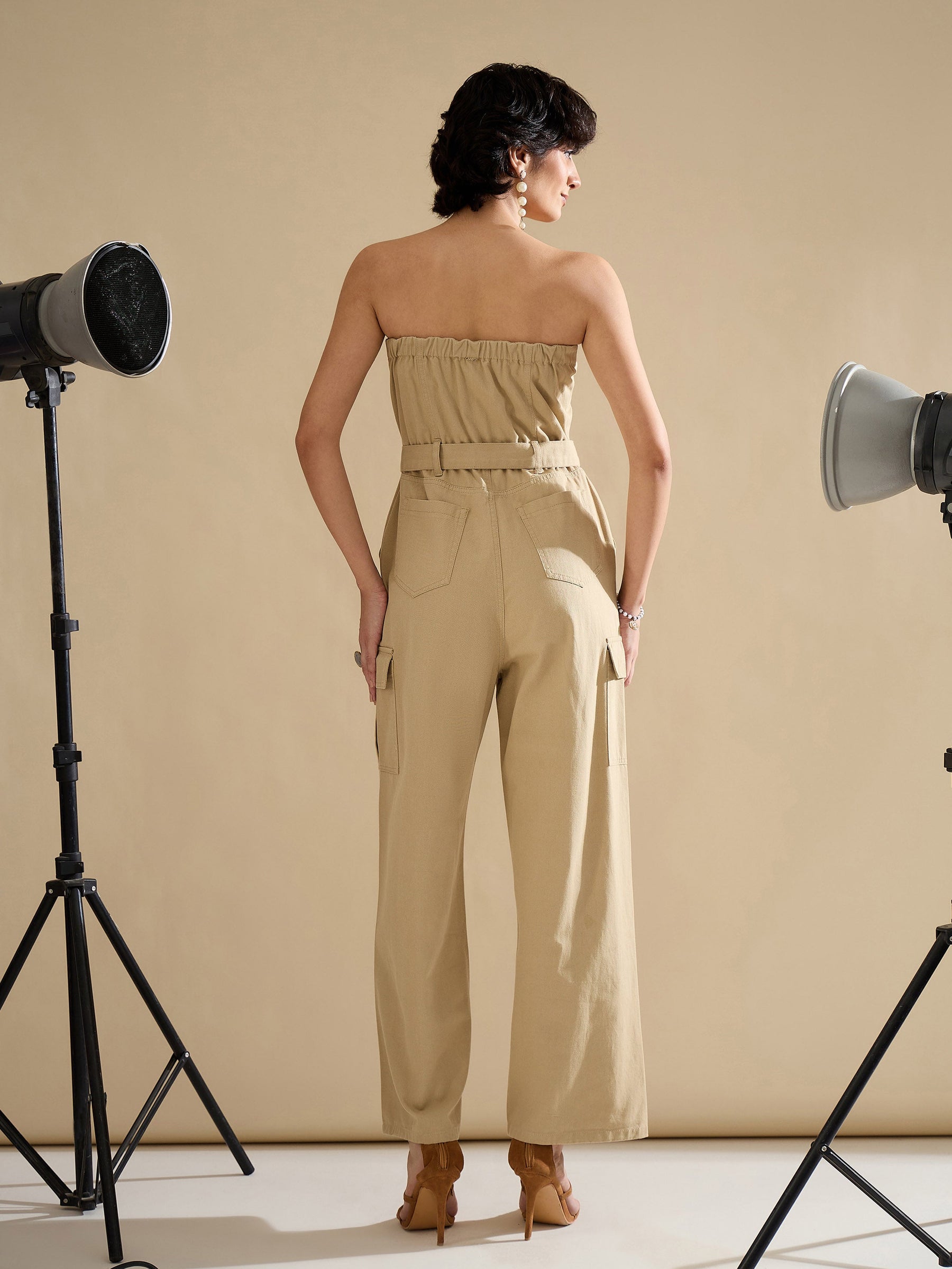Beige Twill Off Shoulder Jumpsuit-SASSAFRAS