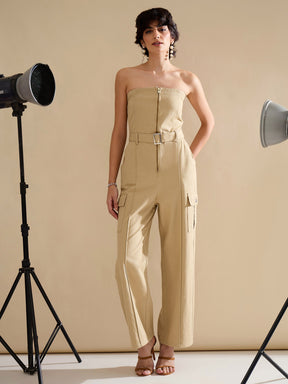 Beige Twill Off Shoulder Jumpsuit-SASSAFRAS