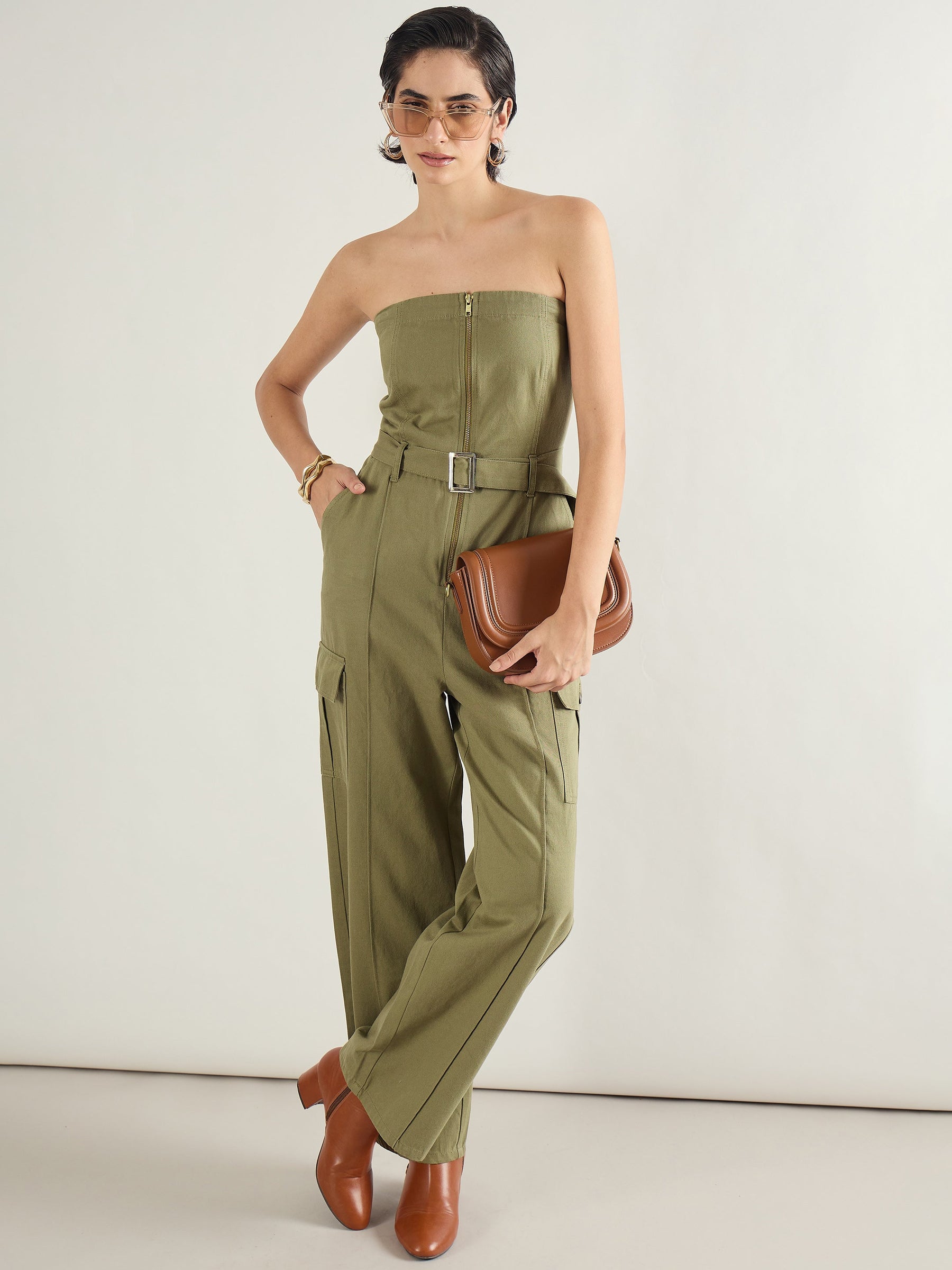 Olive Twill Off Shoulder Jumpsuit-SASSAFRAS