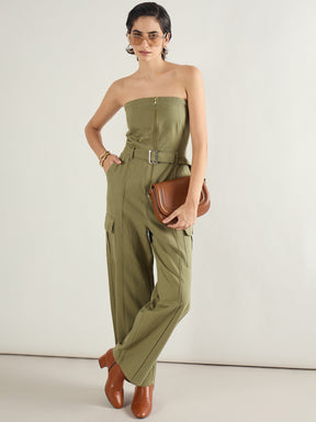 Olive Twill Off Shoulder Jumpsuit-SASSAFRAS