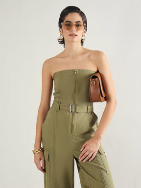Olive Twill Off Shoulder Jumpsuit-SASSAFRAS