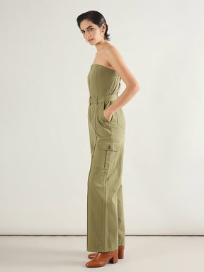 Olive Twill Off Shoulder Jumpsuit-SASSAFRAS