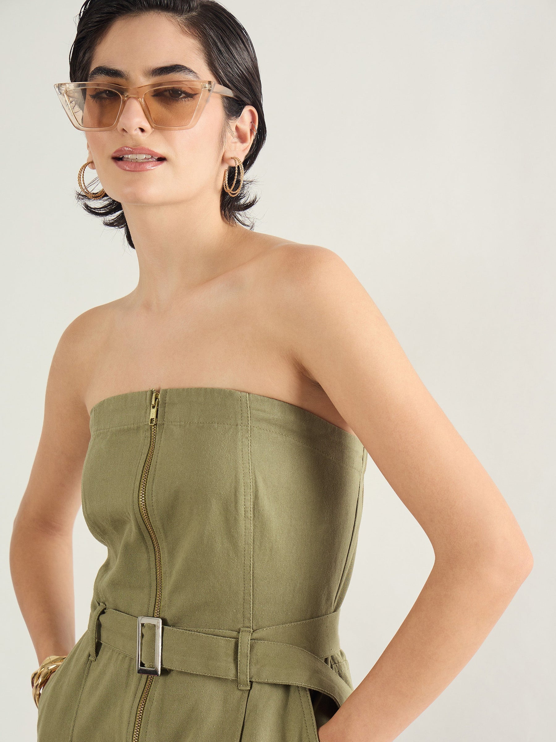 Olive Twill Off Shoulder Jumpsuit-SASSAFRAS