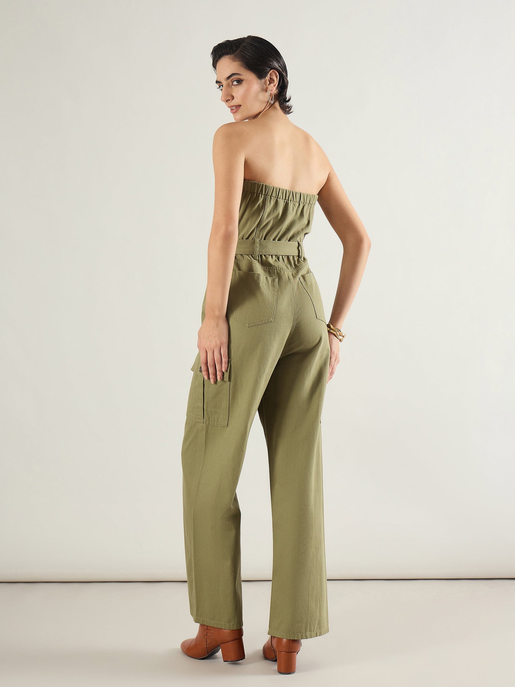 Olive Twill Off Shoulder Jumpsuit-SASSAFRAS