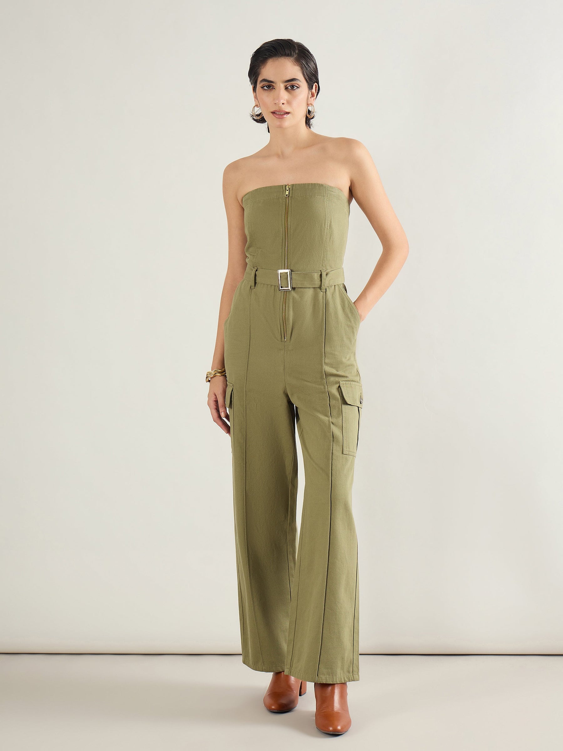 Olive Twill Off Shoulder Jumpsuit-SASSAFRAS