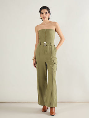 Olive Twill Off Shoulder Jumpsuit-SASSAFRAS