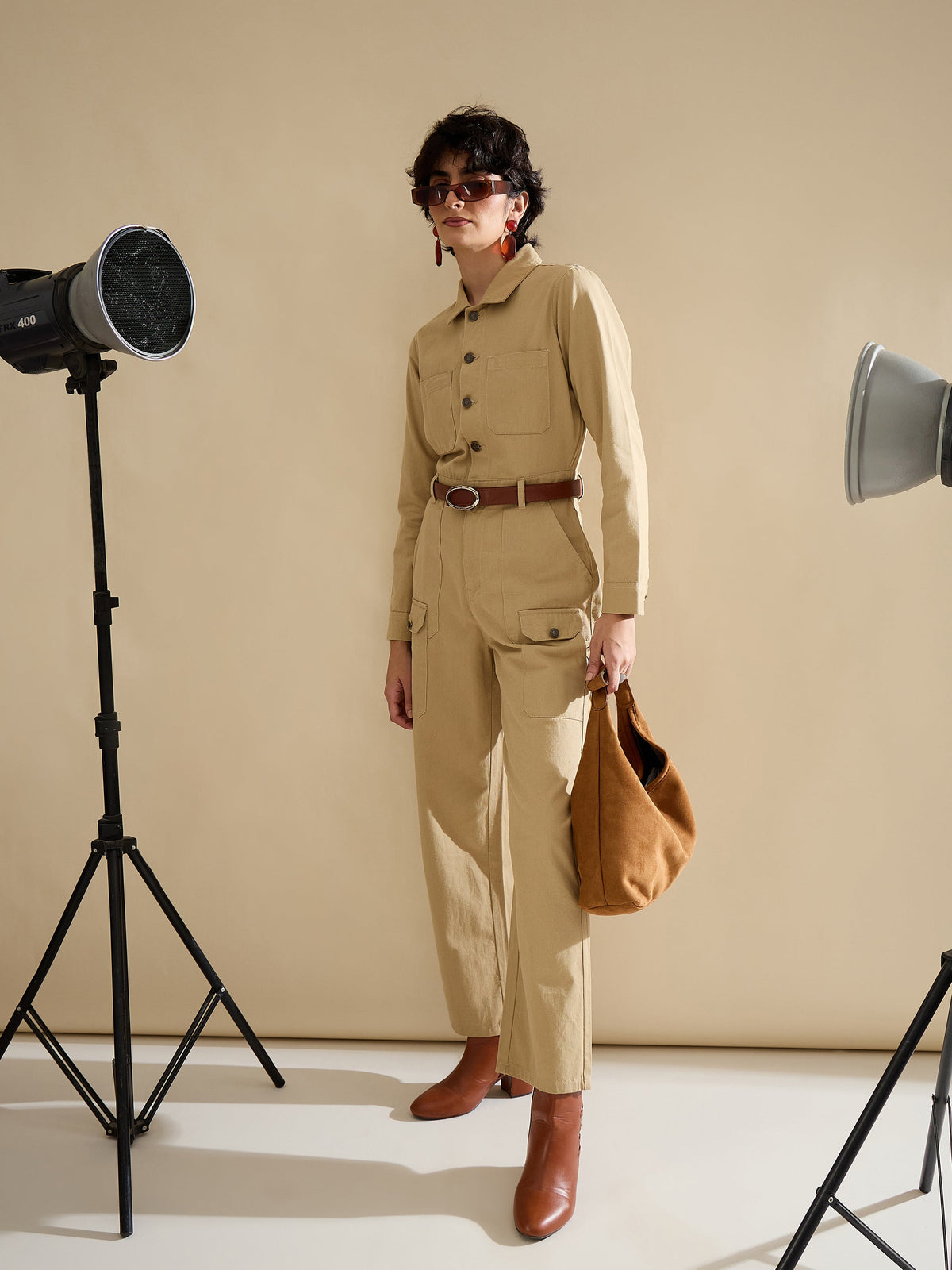 Beige Twill Button Down Full Sleeve Jumpsuit-SASSAFRAS
