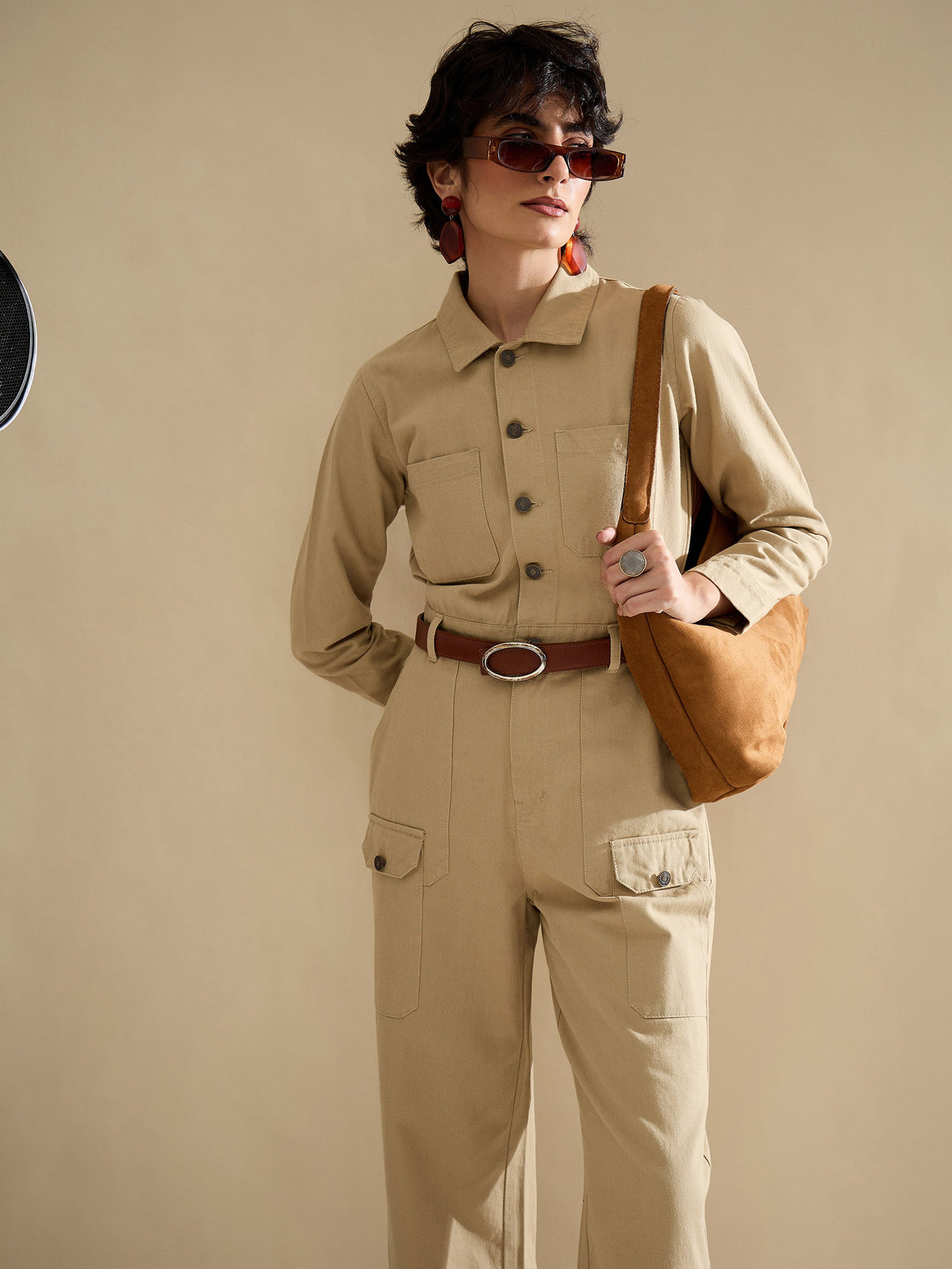 Beige Twill Button Down Full Sleeve Jumpsuit-SASSAFRAS