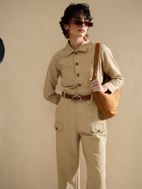 Beige Twill Button Down Full Sleeve Jumpsuit-SASSAFRAS