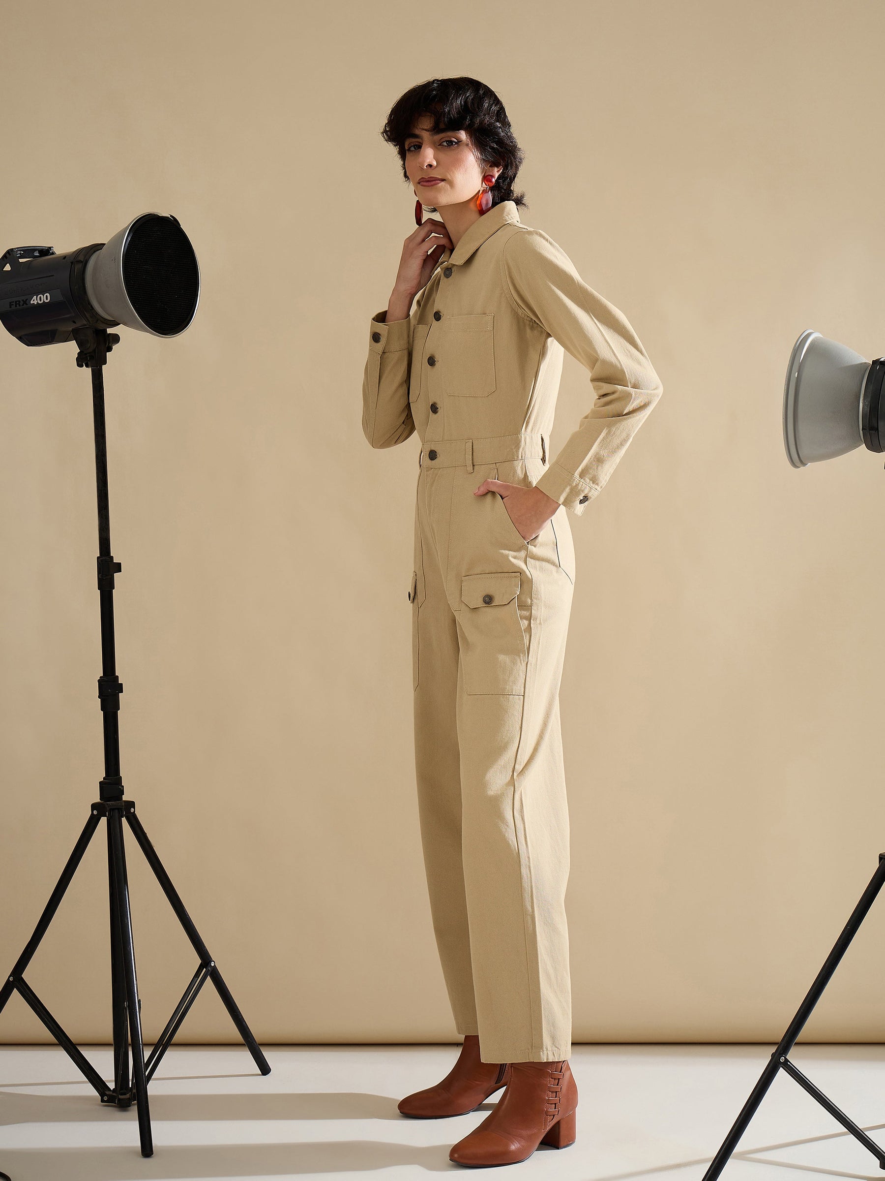 Beige Twill Button Down Full Sleeve Jumpsuit-SASSAFRAS