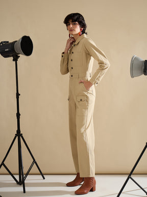 Beige Twill Button Down Full Sleeve Jumpsuit-SASSAFRAS
