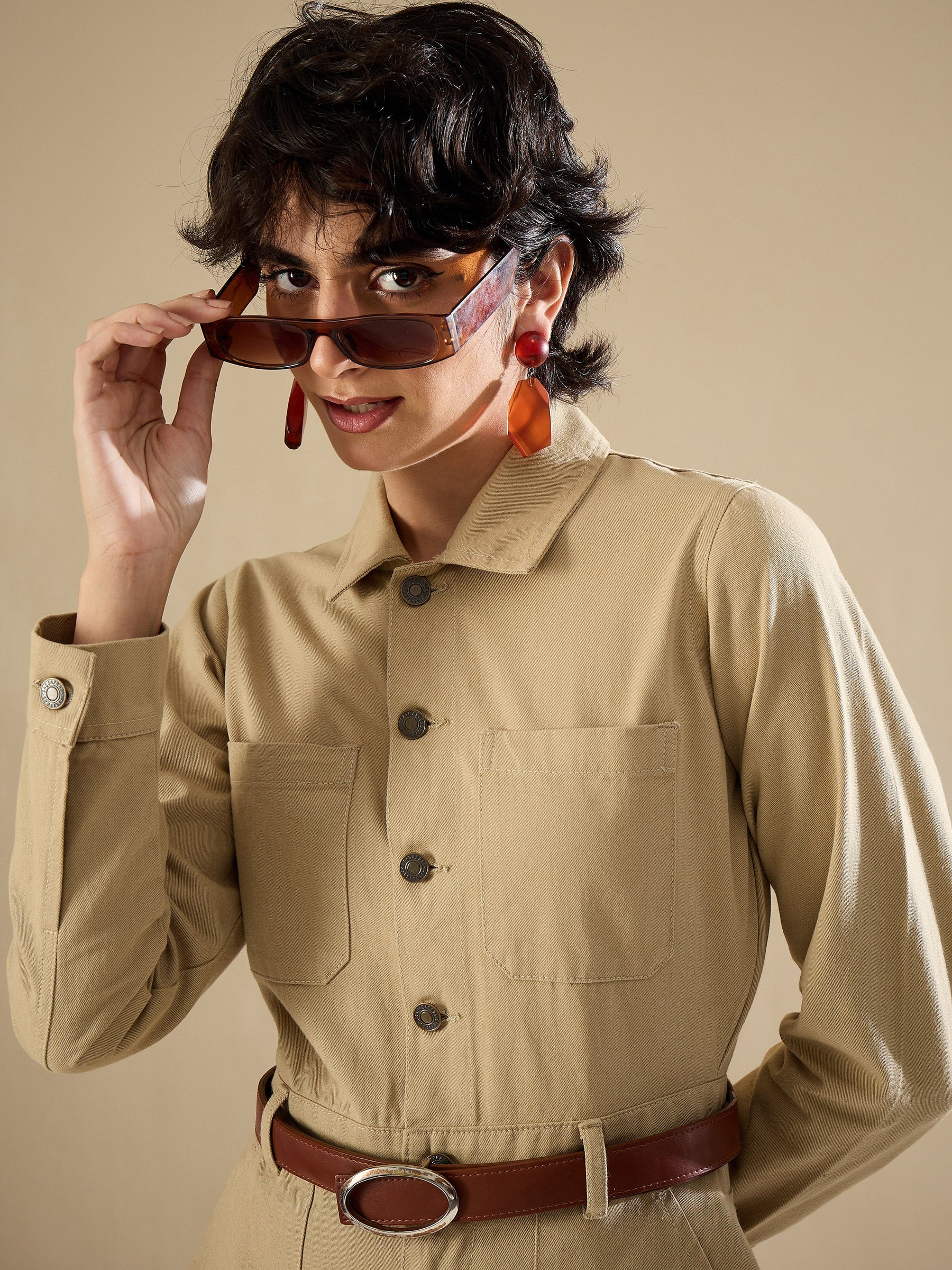 Beige Twill Button Down Full Sleeve Jumpsuit-SASSAFRAS