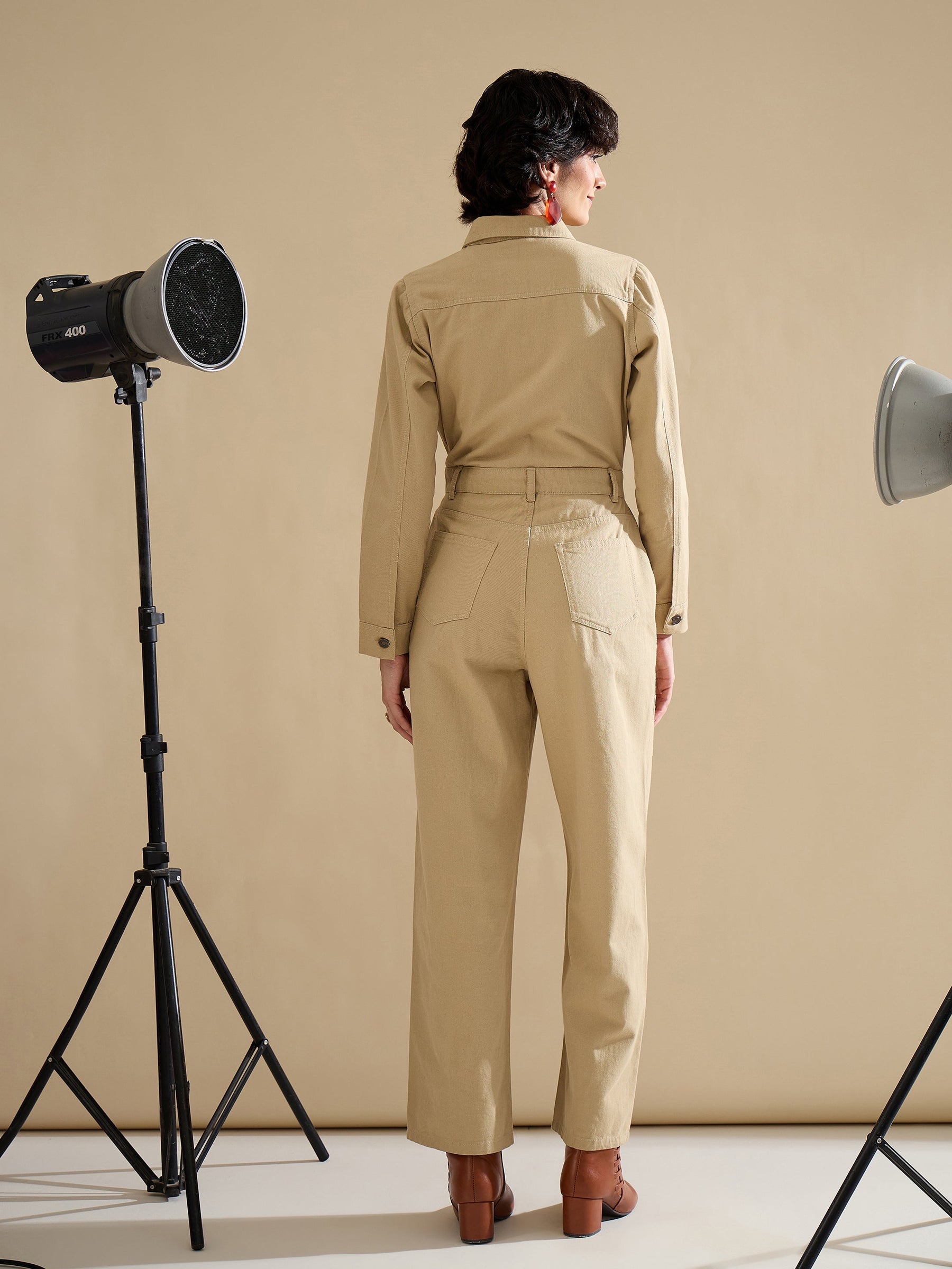 Beige Twill Button Down Full Sleeve Jumpsuit-SASSAFRAS