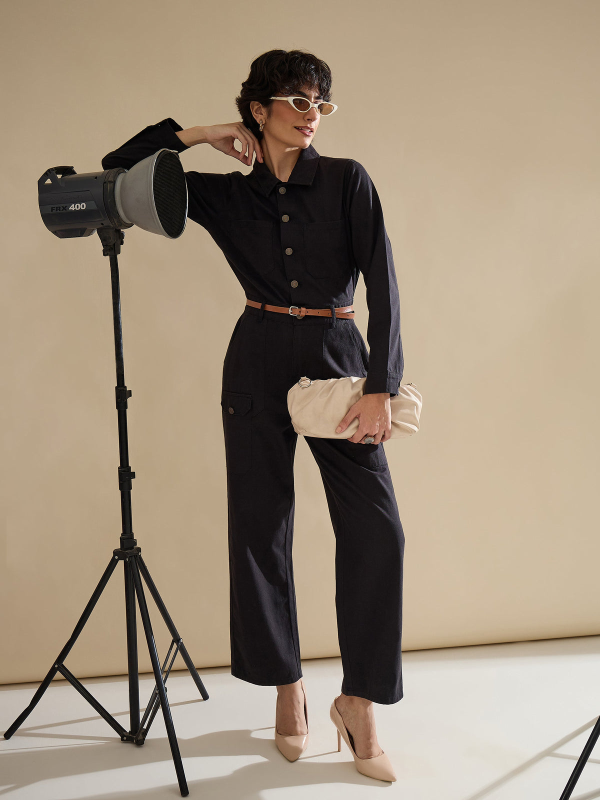 Black Twill Button Down Full Sleeve Jumpsuit-SASSAFRAS