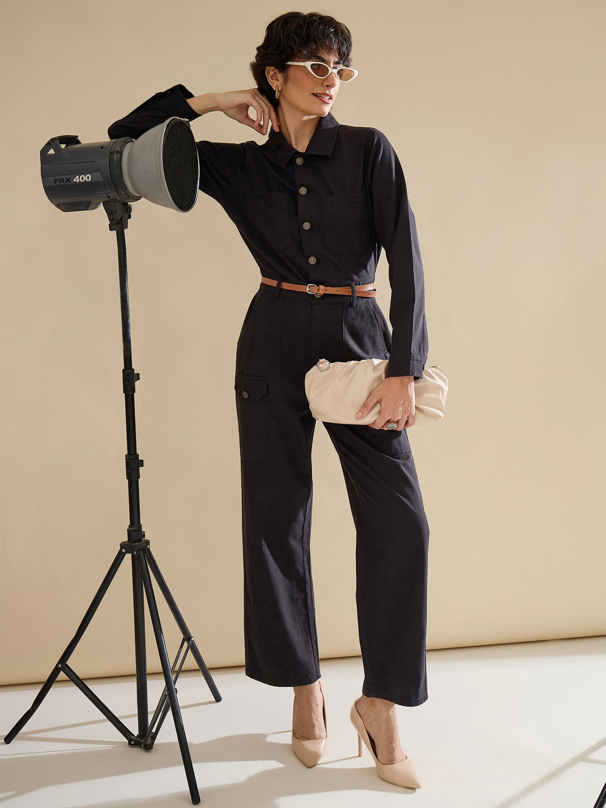 Black Twill Button Down Full Sleeve Jumpsuit-SASSAFRAS