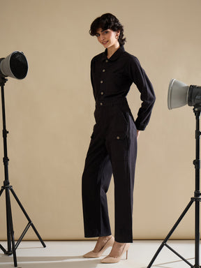 Black Twill Button Down Full Sleeve Jumpsuit-SASSAFRAS