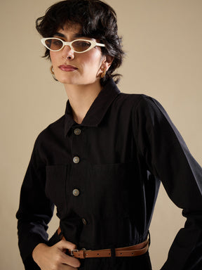 Black Twill Button Down Full Sleeve Jumpsuit-SASSAFRAS