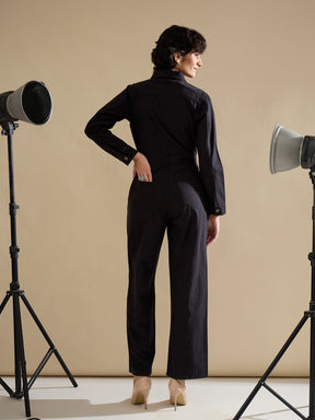 Black Twill Button Down Full Sleeve Jumpsuit-SASSAFRAS