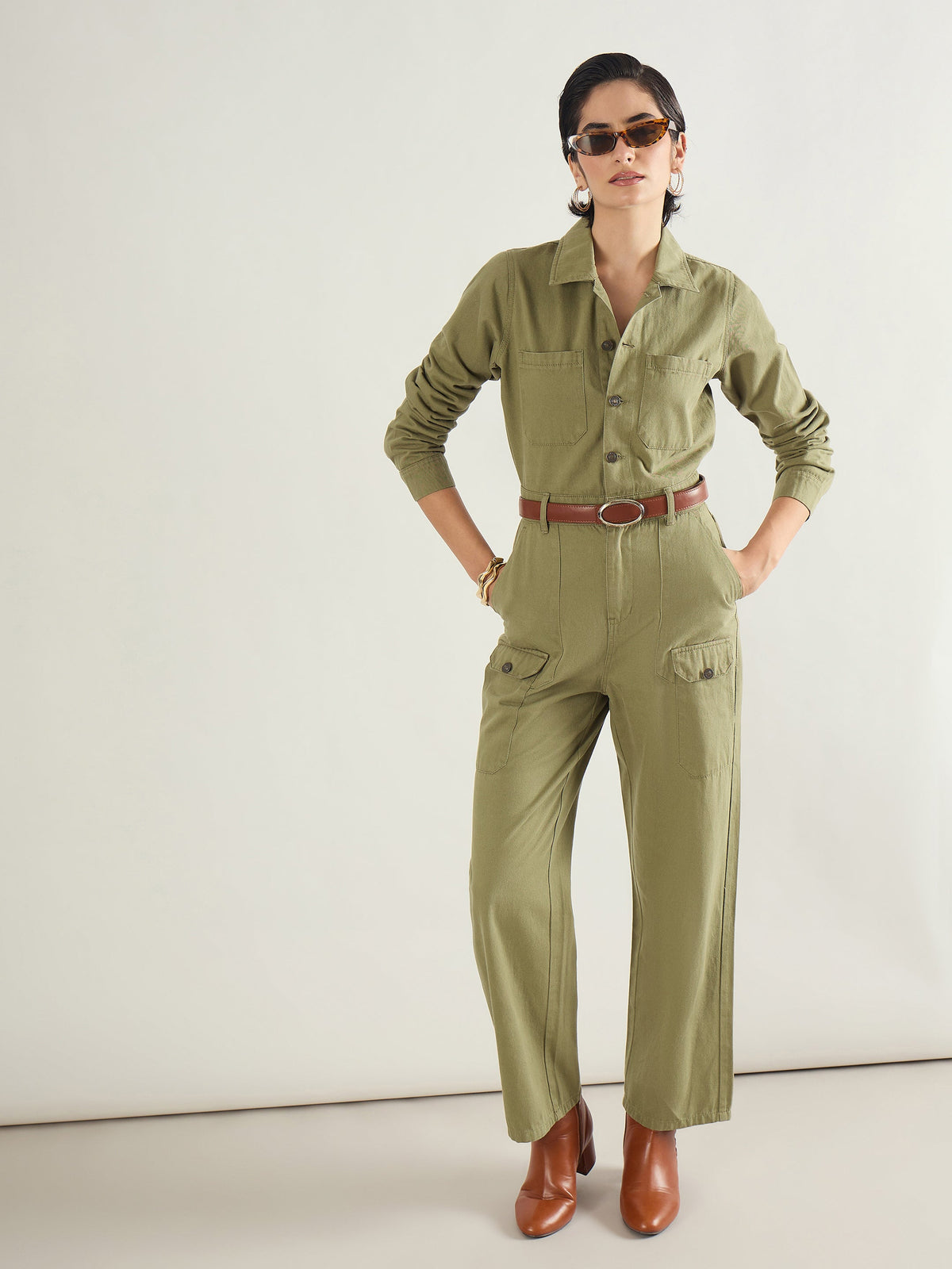 Olive Twill Button Down Full Sleeve Jumpsuit-SASSAFRAS