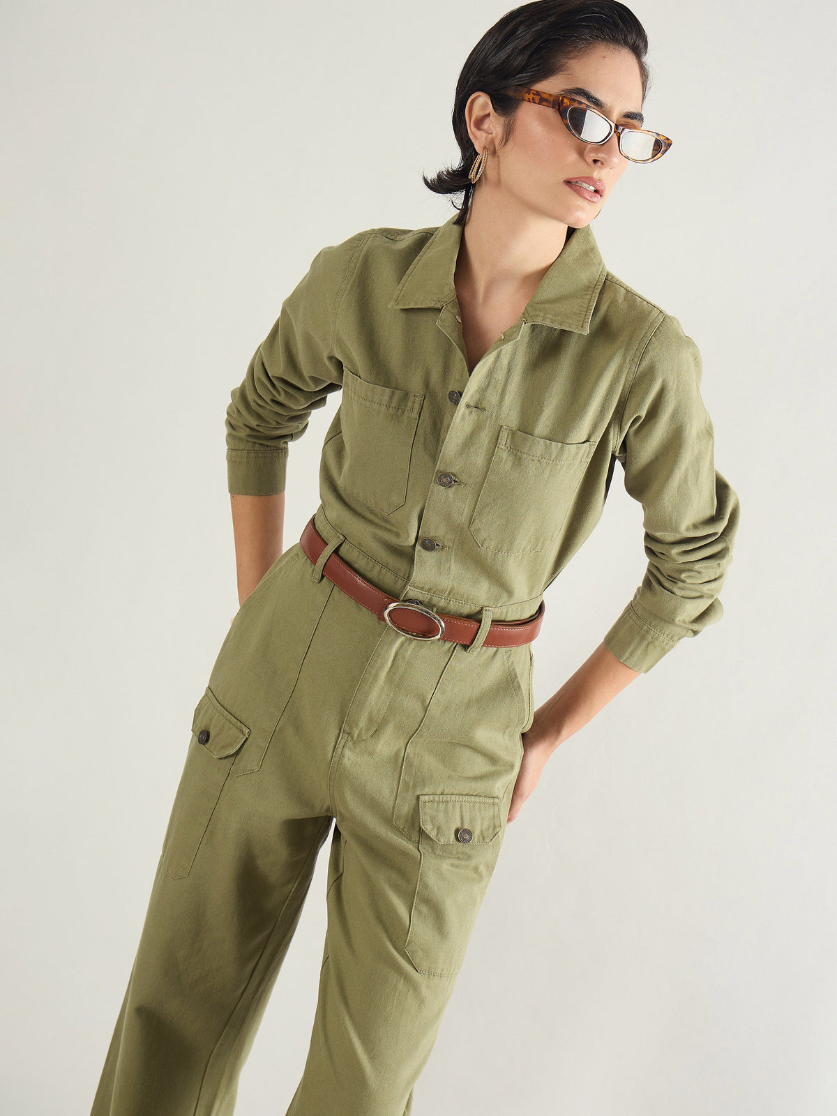 Olive Twill Button Down Full Sleeve Jumpsuit-SASSAFRAS