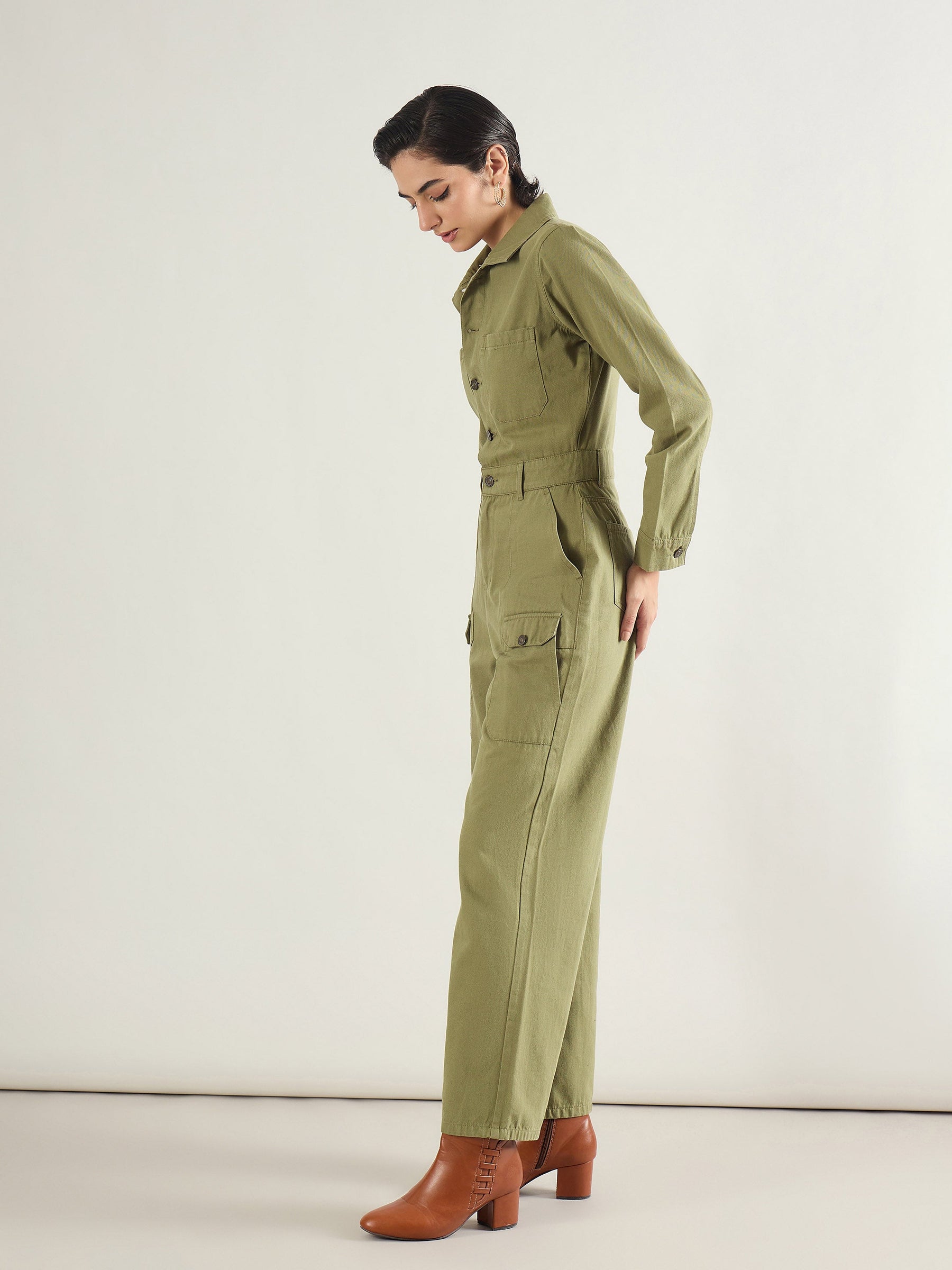 Olive Twill Button Down Full Sleeve Jumpsuit-SASSAFRAS