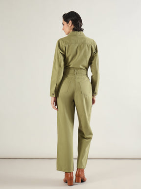 Olive Twill Button Down Full Sleeve Jumpsuit-SASSAFRAS