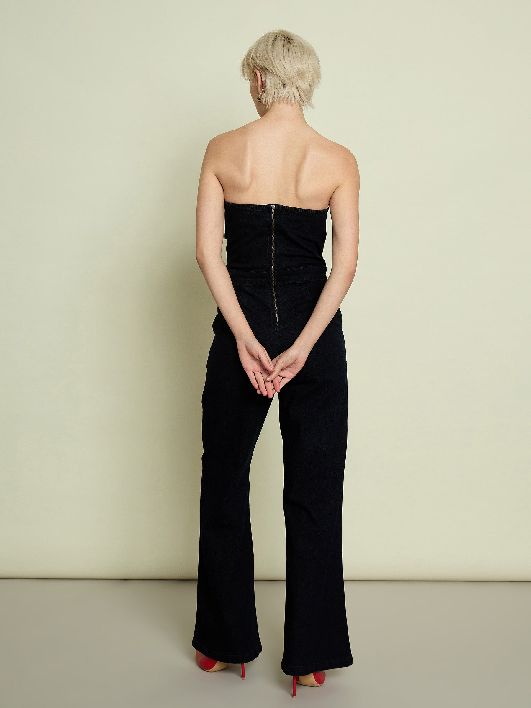 Jet Black Denim Off Shoulder Jumpsuit-SASSAFRAS