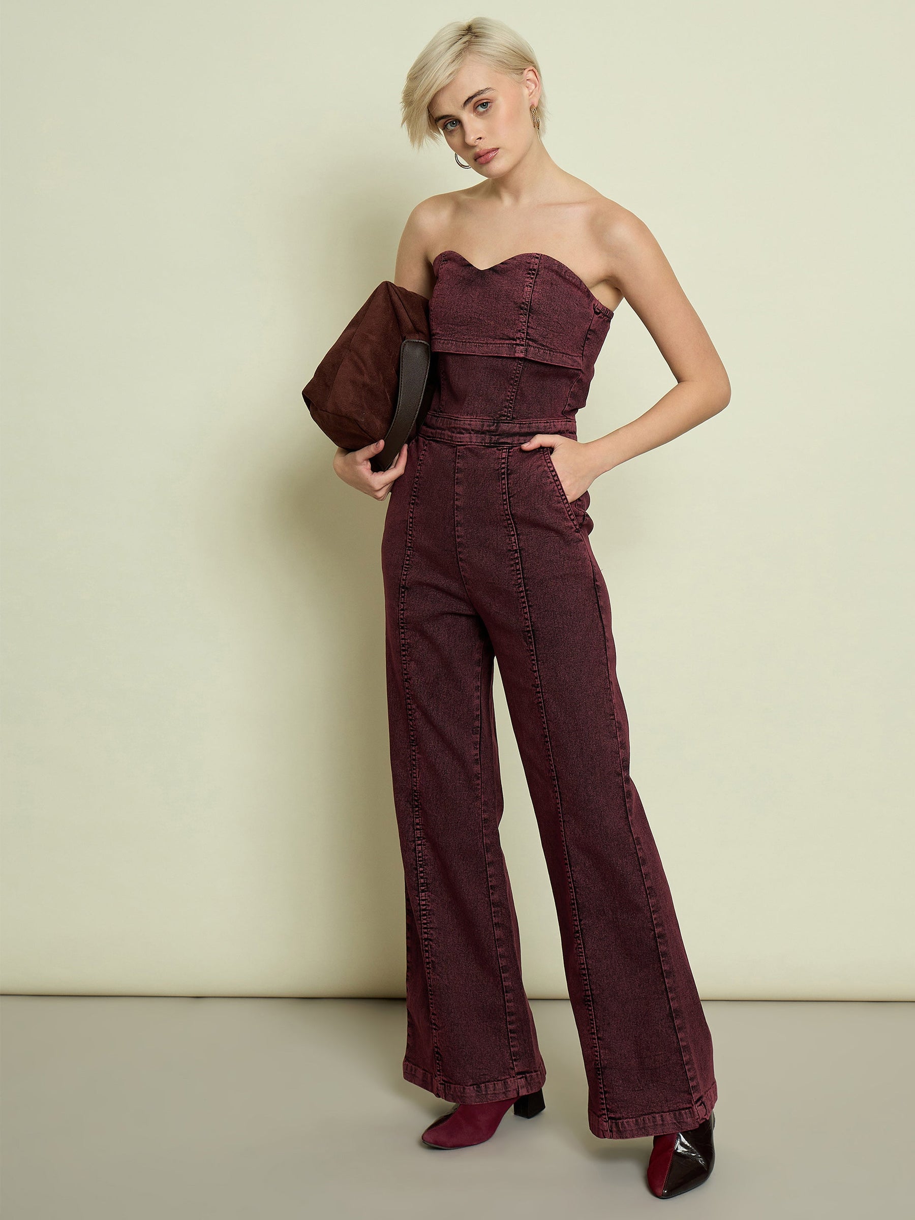 Burgundy Denim Off Shoulder Jumpsuit-SASSAFRAS