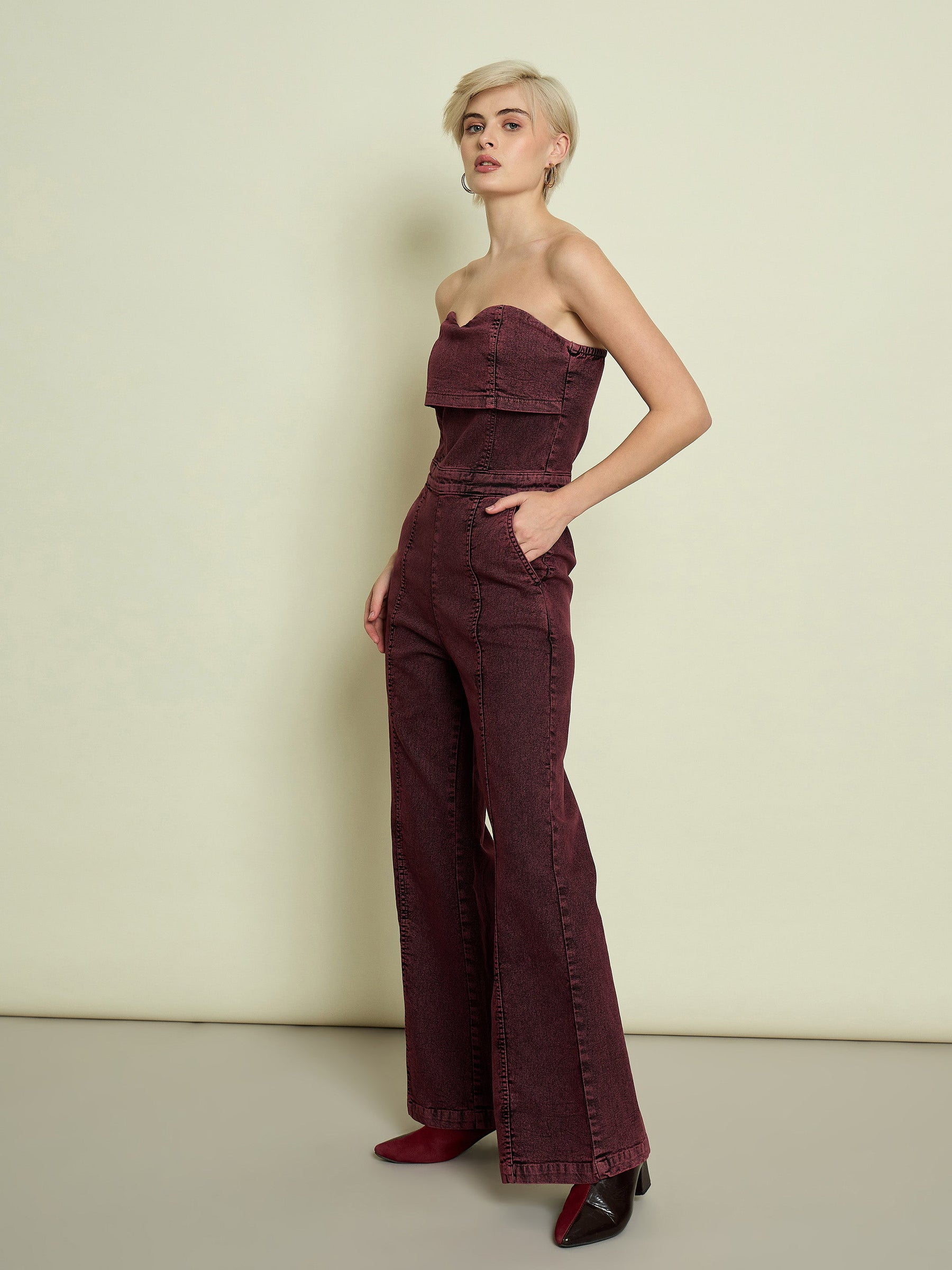Burgundy Denim Off Shoulder Jumpsuit-SASSAFRAS